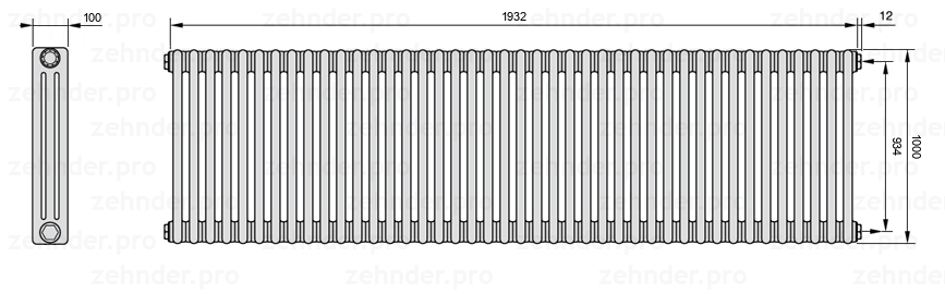 Схема (чертеж) Радиатор Zehnder Charleston 3100/42 №7610 Белый глянцевый RAL 9016